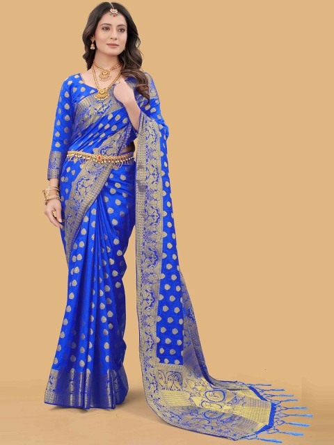 

PRASTHAN Blue & Gold-Toned Ethnic Motifs Zari Silk Cotton Banarasi Saree