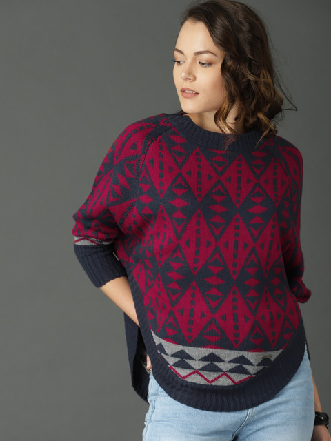 

Roadster Women Red & Navy Blue Self Design Sweater