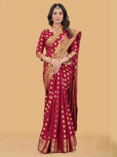 

PRASTHAN Red & Gold-Toned Ethnic Motifs Zari Silk Cotton Banarasi Saree