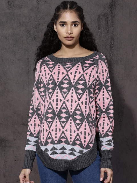 

Roadster Women Grey & Pink Self Design Pullover