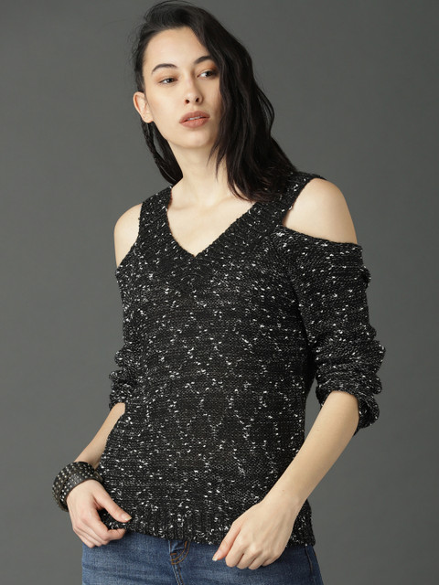 

Roadster Women Black & White Self Design Cold Shoulder Sweater