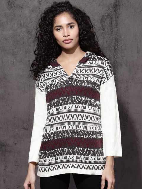 

RDSTR Women Off-White & Grey Hooded Patterned Sweater