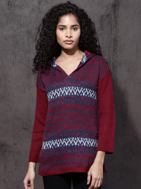 

RDSTR Women Maroon Hooded Patterned Sweater