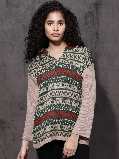

RDSTR Women Taupe & Olive Green Hooded Patterned Sweater