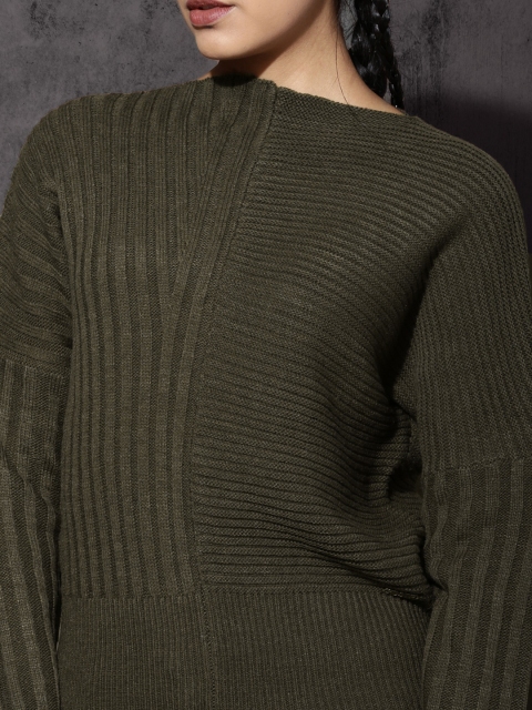 

Roadster Women Olive Green Self Design Pullover