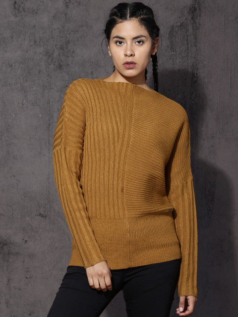 

Roadster Women Mustard Brown Self Design Pullover