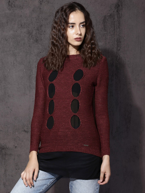 

RDSTR Women Burgundy Self Design Longline Pullover