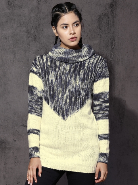 

Roadster Women Cream-Coloured & Grey Self Design Pullover