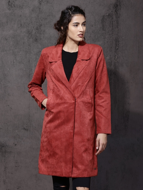 

Roadster Women Red Solid Suede Duster Jacket