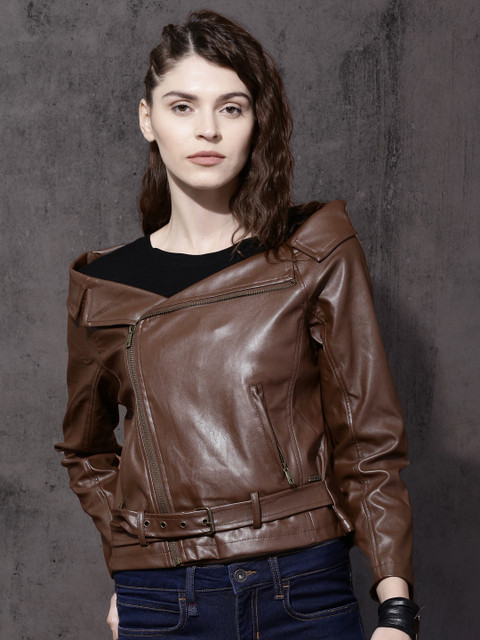 

Roadster Women Brown Solid Biker Jacket