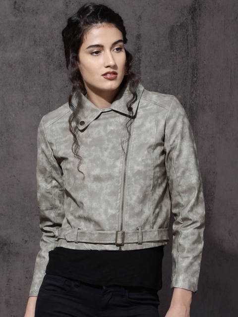 

Roadster Women Grey Solid Biker Jacket