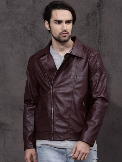 

RDSTR Men Burgundy Solid Biker Jacket