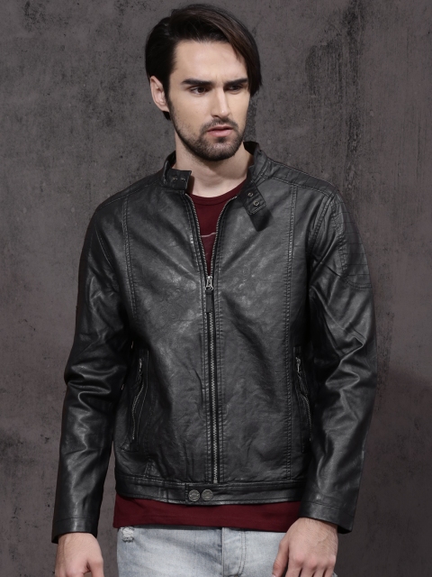 

Roadster Men Charcoal Grey Solid Biker Jacket