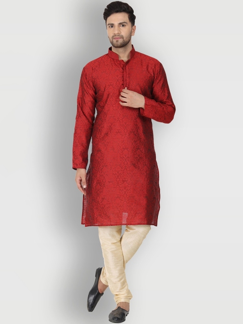 

Enciger Men Red Angrakha Thread Work Dupion Silk Kurta with Pyjamas