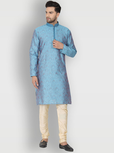 

Enciger Men Turquoise Blue Ethnic Motifs Dupion Silk Kurta with Churidar