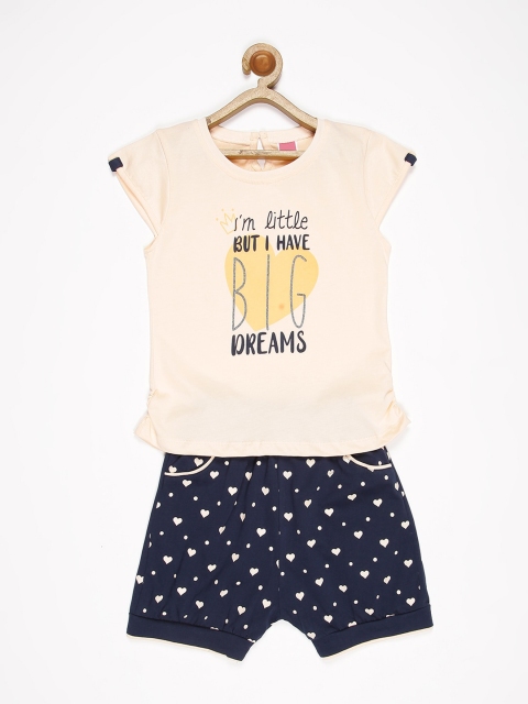

V2 Value & Variety Girls Beige & Navy Blue Printed Cotton T-shirt With Shorts