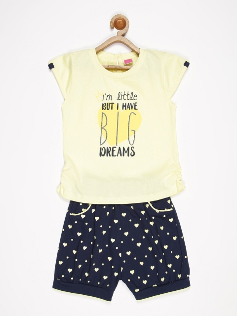 

V2 Value & Variety Girls Yellow & Navy Blue Printed T-shirt with Shorts