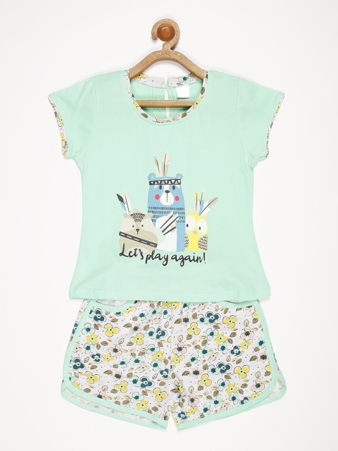 

V2 Value & Variety Girls Sea Green & Blue Printed T-shirt with Shorts