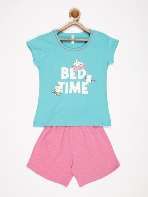 

V2 Value & Variety Girls Turquoise Blue & Pink Printed Cotton Top with Shorts