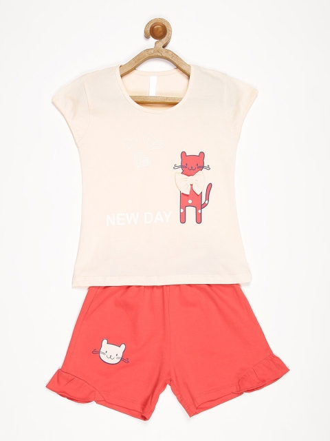 

V2 Value & Variety Girls Beige & Orange Printed Pure Cotton Clothing Set
