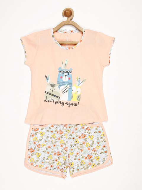 

V2 Value & Variety Girls Beige & White Printed Cotton T-shirt with Shorts