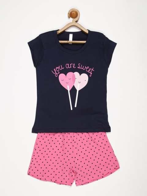 

V2 Value & Variety Girls Navy Blue & Pink Printed Cotton Top with Short