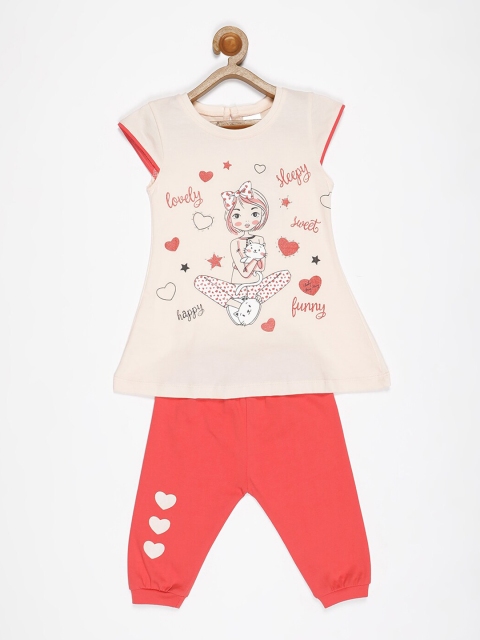 

V2 Value & Variety Girls Beige & Pink Printed Pure Cotton Top with Pyjamas