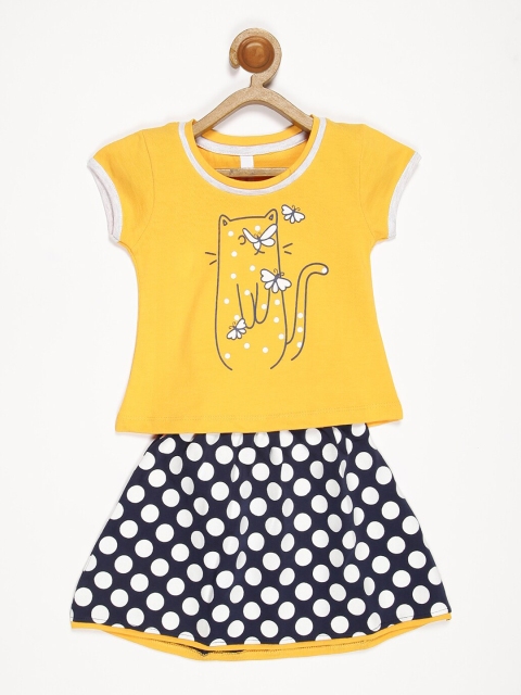 

V2 Value & Variety Girls Mustard & White Cotton Printed Top with Skirt