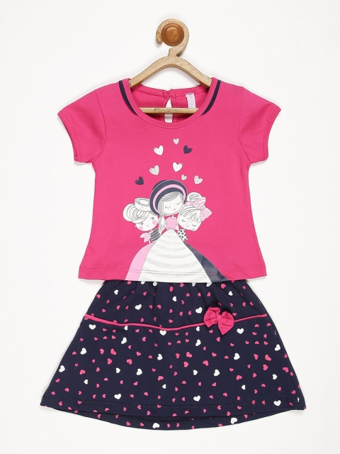 

V2 Value & Variety Girls Magenta & White Cotton Printed Top with Skirt