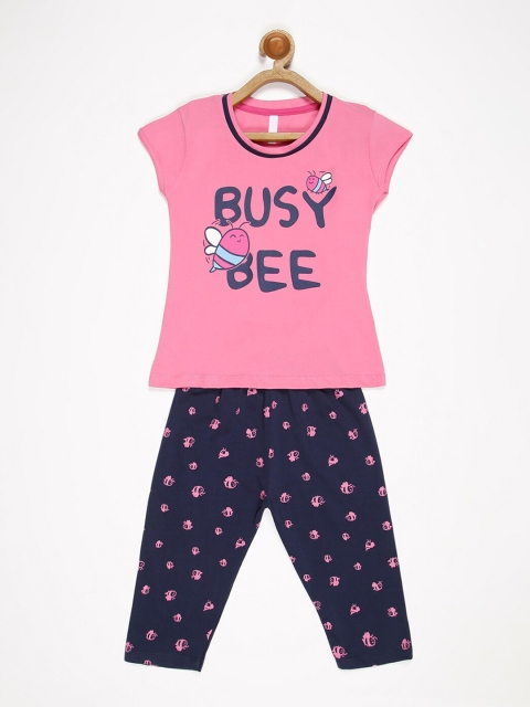 

V2 Value & Variety Girls Pink & Navy Blue Printed Cotton T-shirt with Pyjamas