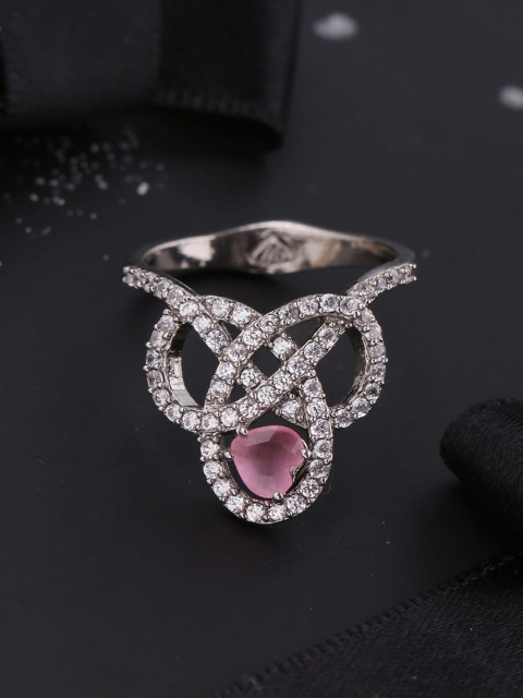 

Voylla Silver-Plated White & Pink CZ Studded Ring