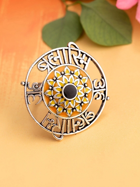 

Voylla Silver-Plated Silver-Toned Brahmasmi Inscription Round Statement Adjustable Finger Ring