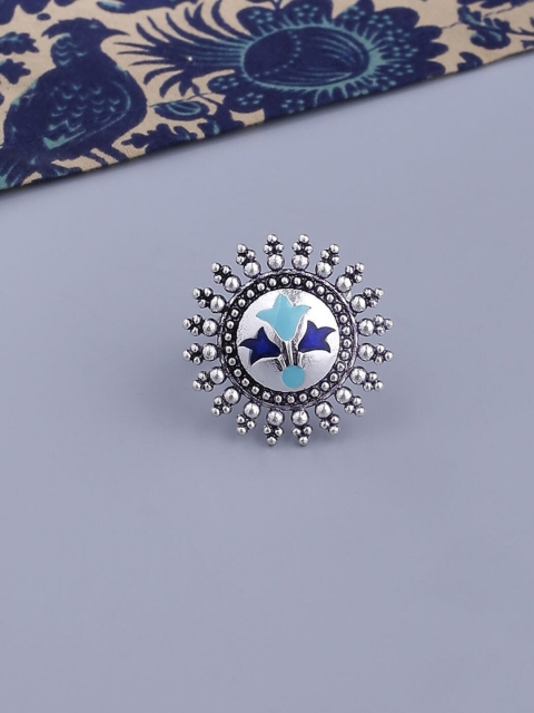 

Voylla Women Silver-Plated Blue Stone Studded Floral Motif Finger Ring