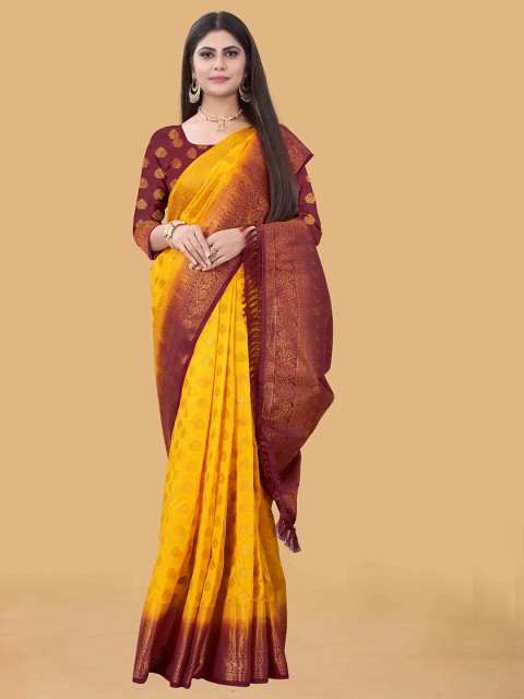 

PRASTHAN Women Gold-Toned & Mustard Woven Design Zari Silk Cotton Banarasi Saree