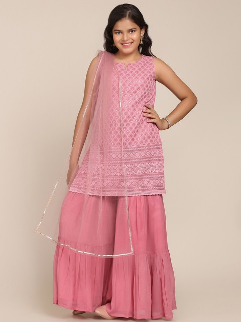 

Bitiya by Bhama Girls Pink Embroidered Kurti with Sharara & With Dupatta