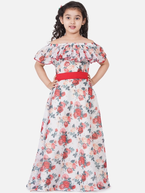 

Bitiya by Bhama Girls Off White & Red Floral Printed Off-Shoulder Maxi Dress