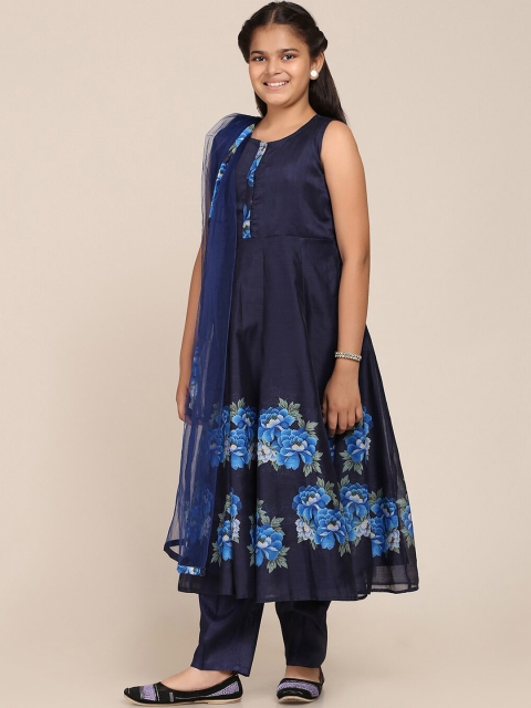 

Bitiya by Bhama Girls Navy Blue Floral Printed Layered Kurti with Churidar & With Dupatta
