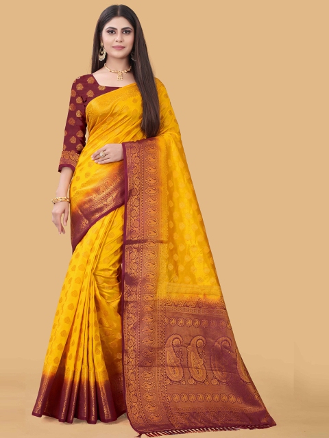 

WEAVETECH IMPEX Gold-Toned & Maroon Ethnic Motifs Zari Silk Cotton Banarasi Saree