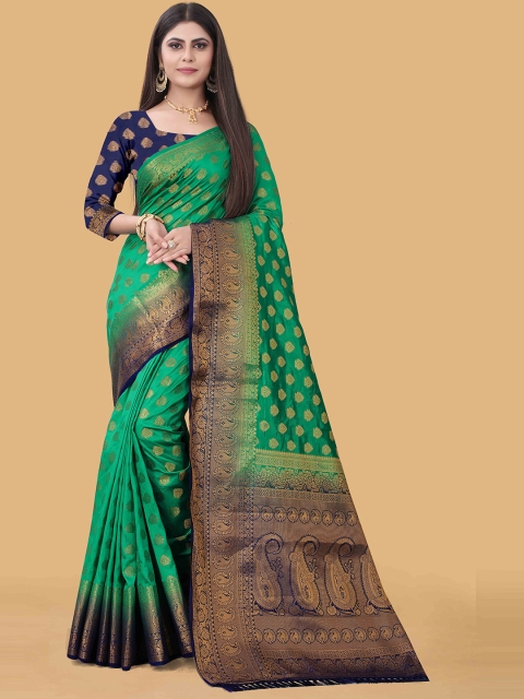 

WEAVETECH IMPEX Green & Blue Woven Design Jaali Silk Cotton Banarasi Saree