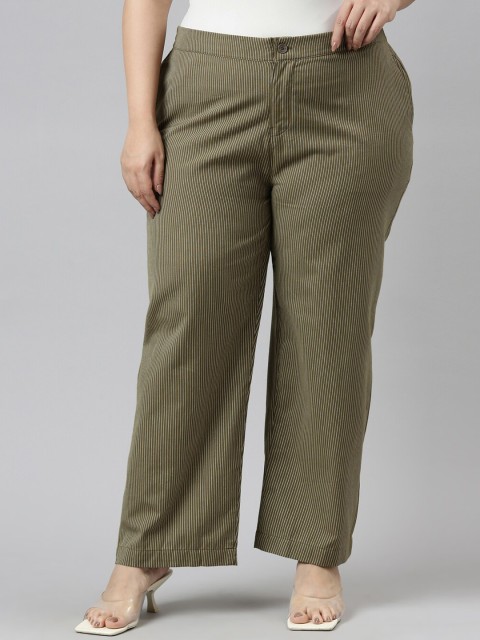 

Go Colors Women Olive Green Plus Size Linen Relaxed Trousers