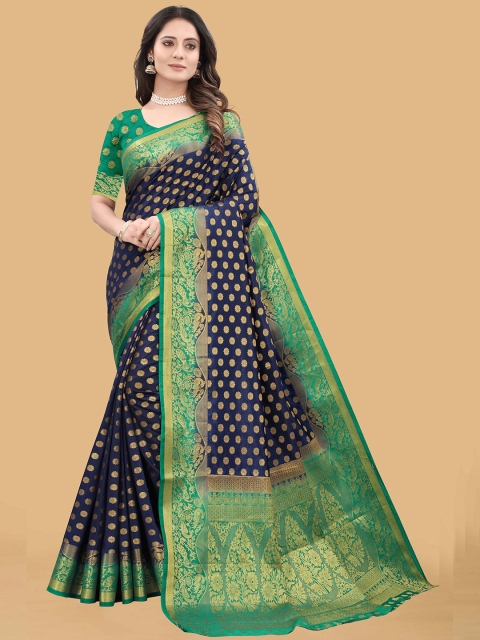

WEAVETECH IMPEX Navy Blue & Green Ethnic Motifs Zari Banarasi Saree