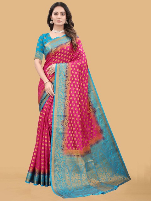 

WEAVETECH IMPEX Pink & Blue Floral Zari Silk Cotton Banarasi Saree