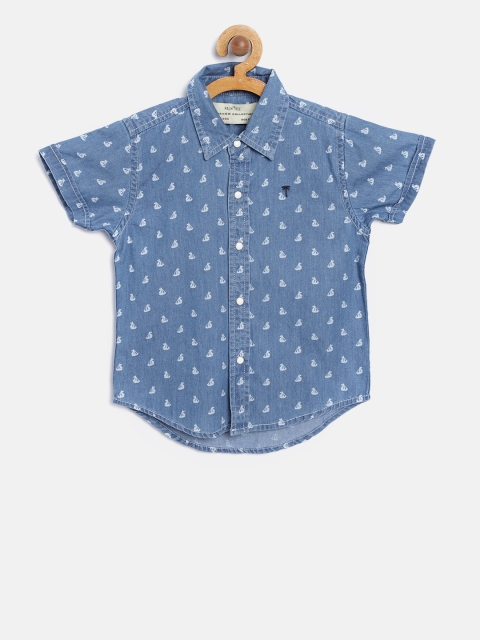 

Palm Tree Boys Blue & White Regular Fit Printed Chambray Shirt