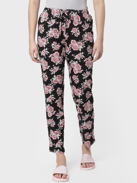 

R&B Women Black Floral Print Cotton Lounge Pants