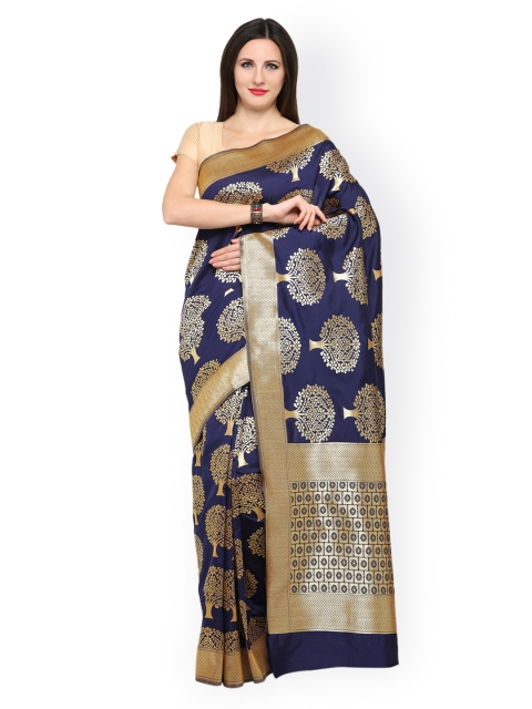 

Saree mall Navy & Gold-Toned Pure Silk Woven Design Banarasi Saree, Navy blue