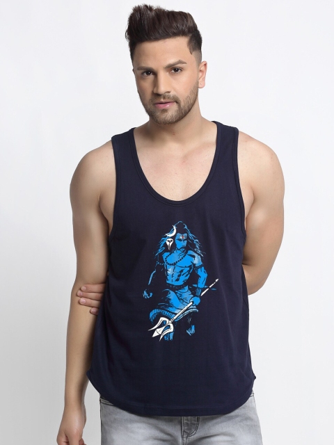 

Friskers Men Navy-Blue & Blue Mahadev With Trisul Printed Pure Cotton Gym Vest