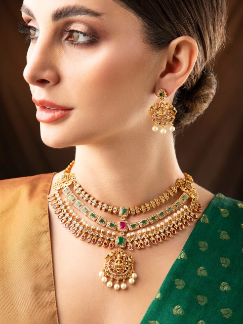 

Rubans 24K Gold-Plated Green & Red Stone Studded & Beaded Jewellery Set