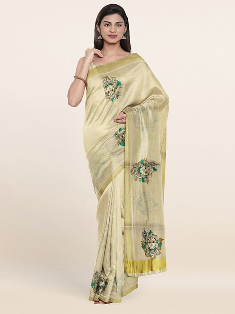 

Pothys Gold-Toned & Green Ethnic Motifs Pure Cotton Saree