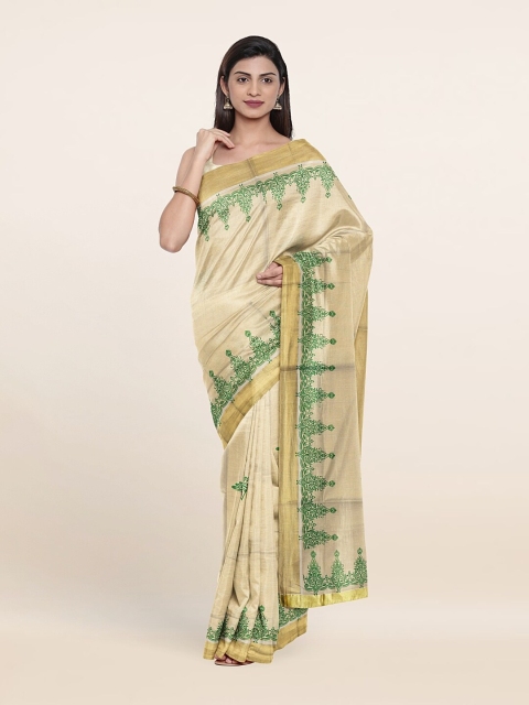 

Pothys Gold-Toned & Green Ethnic Motifs Zari Pure Cotton Saree
