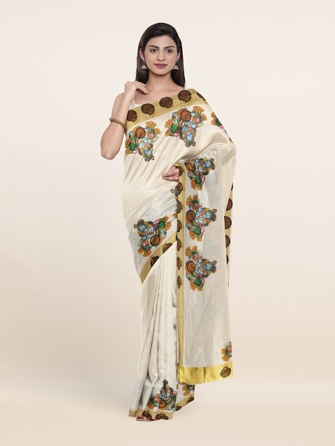 

Pothys Off White & Blue Ethnic Motifs Pure Cotton Saree